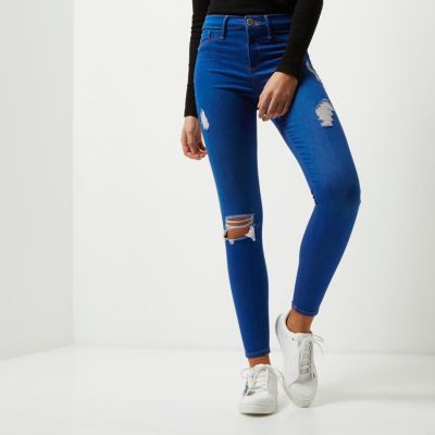 Bright blue ripped going out jeggings